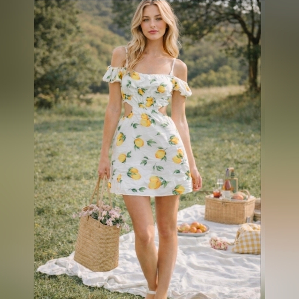 Lemon Print Mini Dress Cutout Off Shoulder Coquette Amalfi Coast Summer Picnic